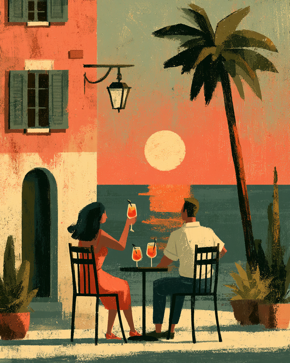 Illustrerad poster med ett par som sitter vid havet och dricker spritz i kvällsljus.