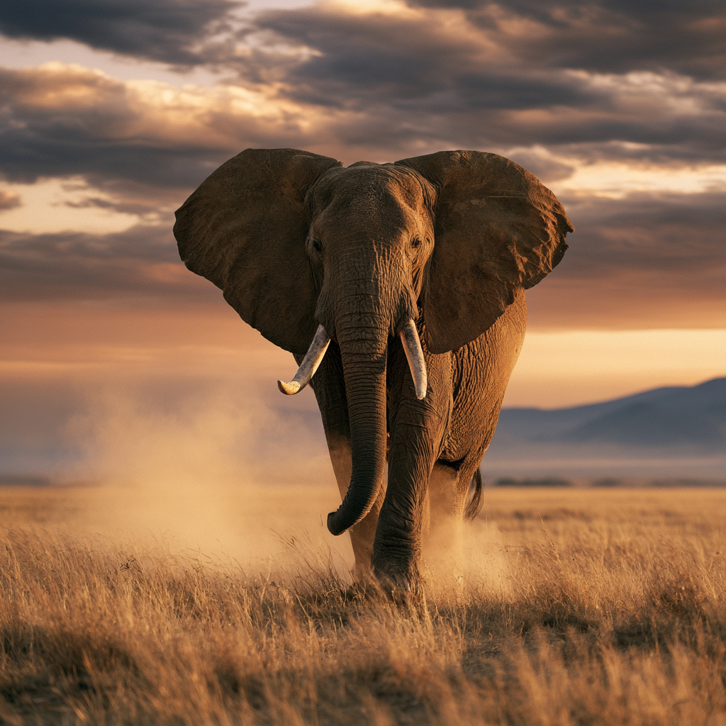Stor afrikansk elefant som vandrar över den gyllene savannen i kvällsljus.