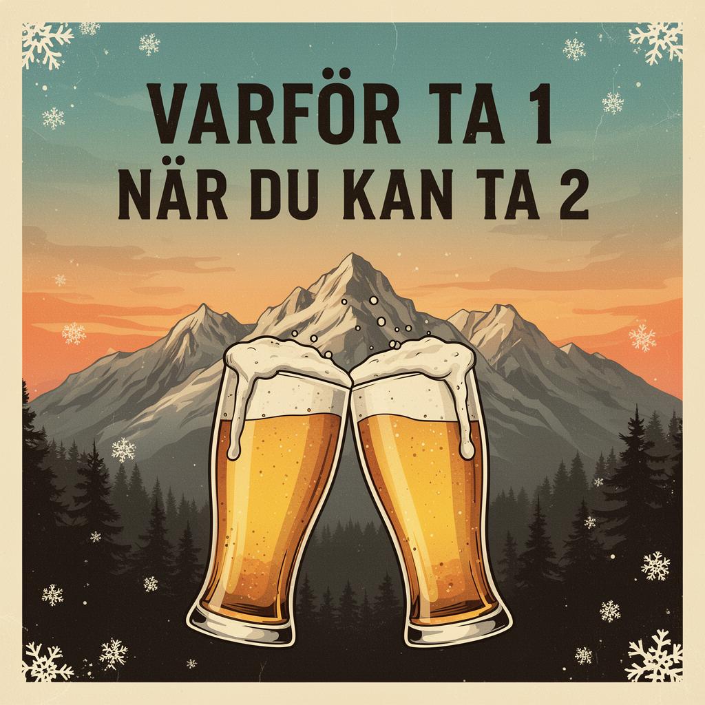Vintage-poster med texten Varför ta 1 när du kan ta 2 över bergslandskap och ölglas.