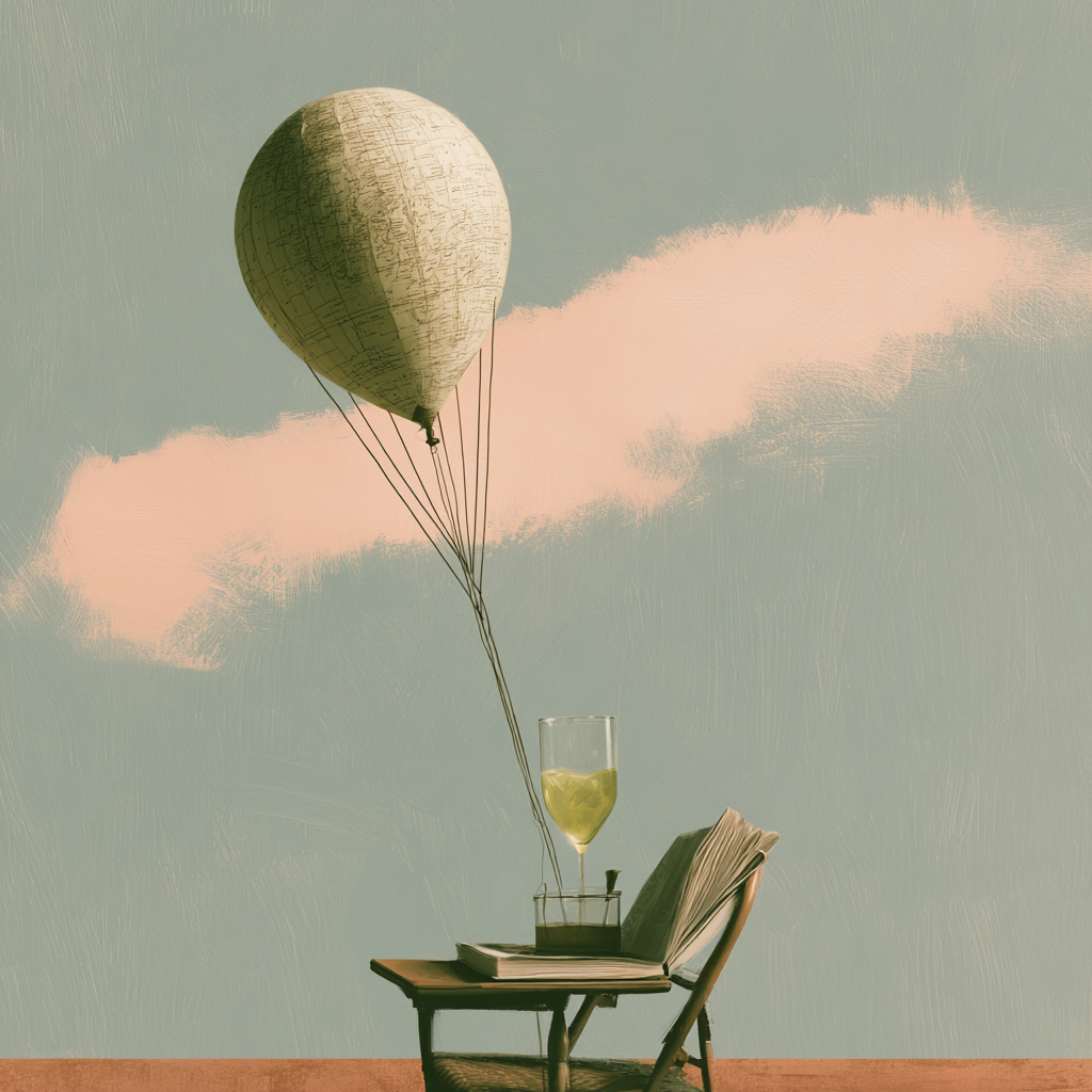 Drömlik poster med stol, böcker och ett glas under en svävande ballong mot dimmig blågrön bakgrund.