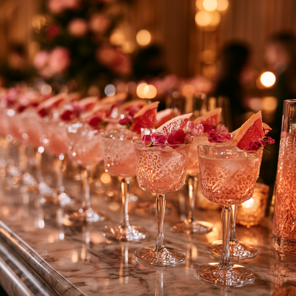 Rad av ljusrosa cocktails med grapefrukt och blommor på en marmorbar i varmt ljus.