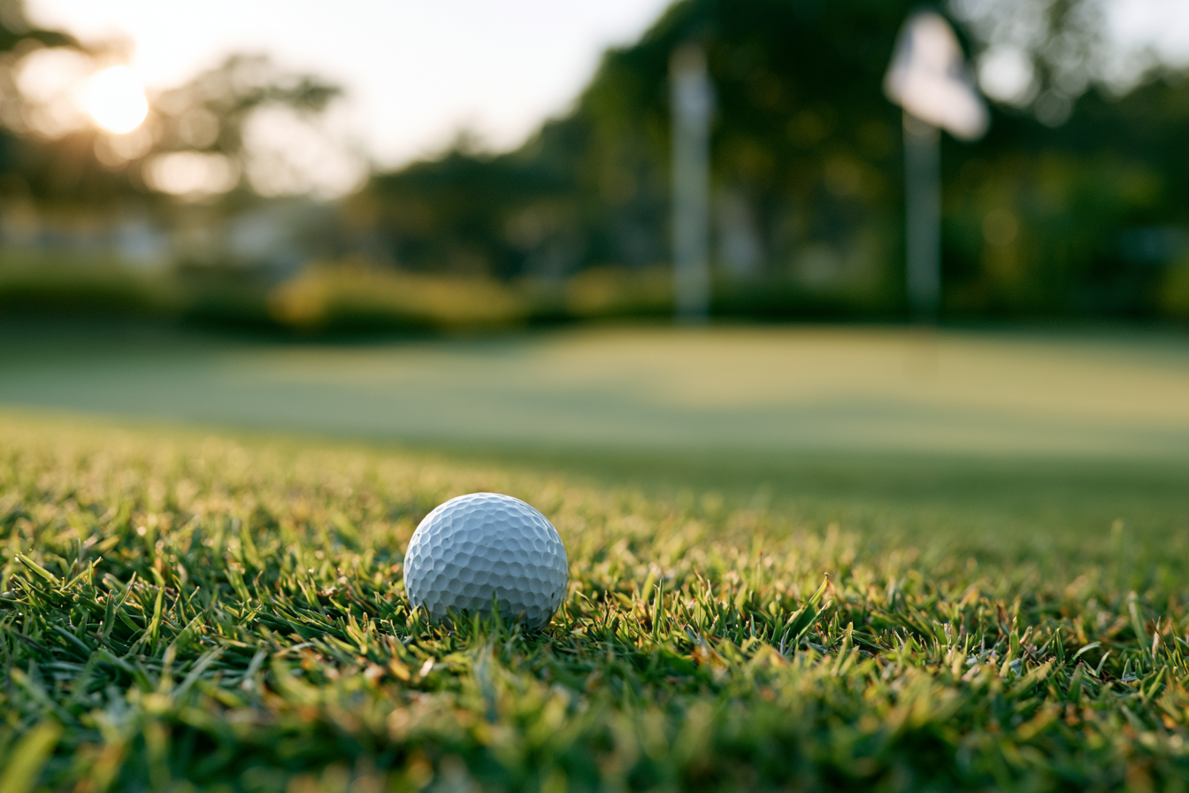 Närbild av en golfboll på klippt green med flagga i bakgrunden i kvällsljus.