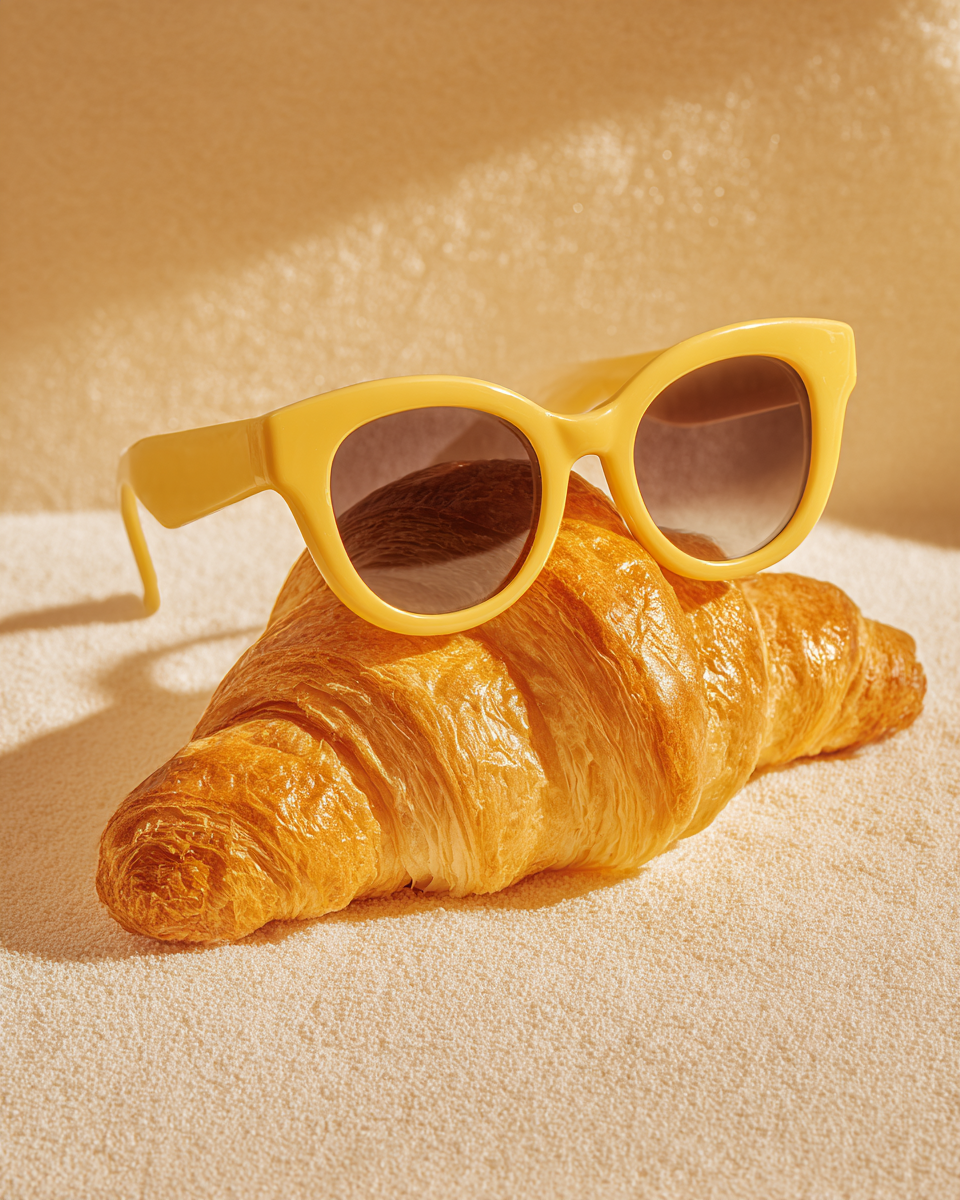 Smörig croissant med stora gula solglasögon i varmt rivierajus.