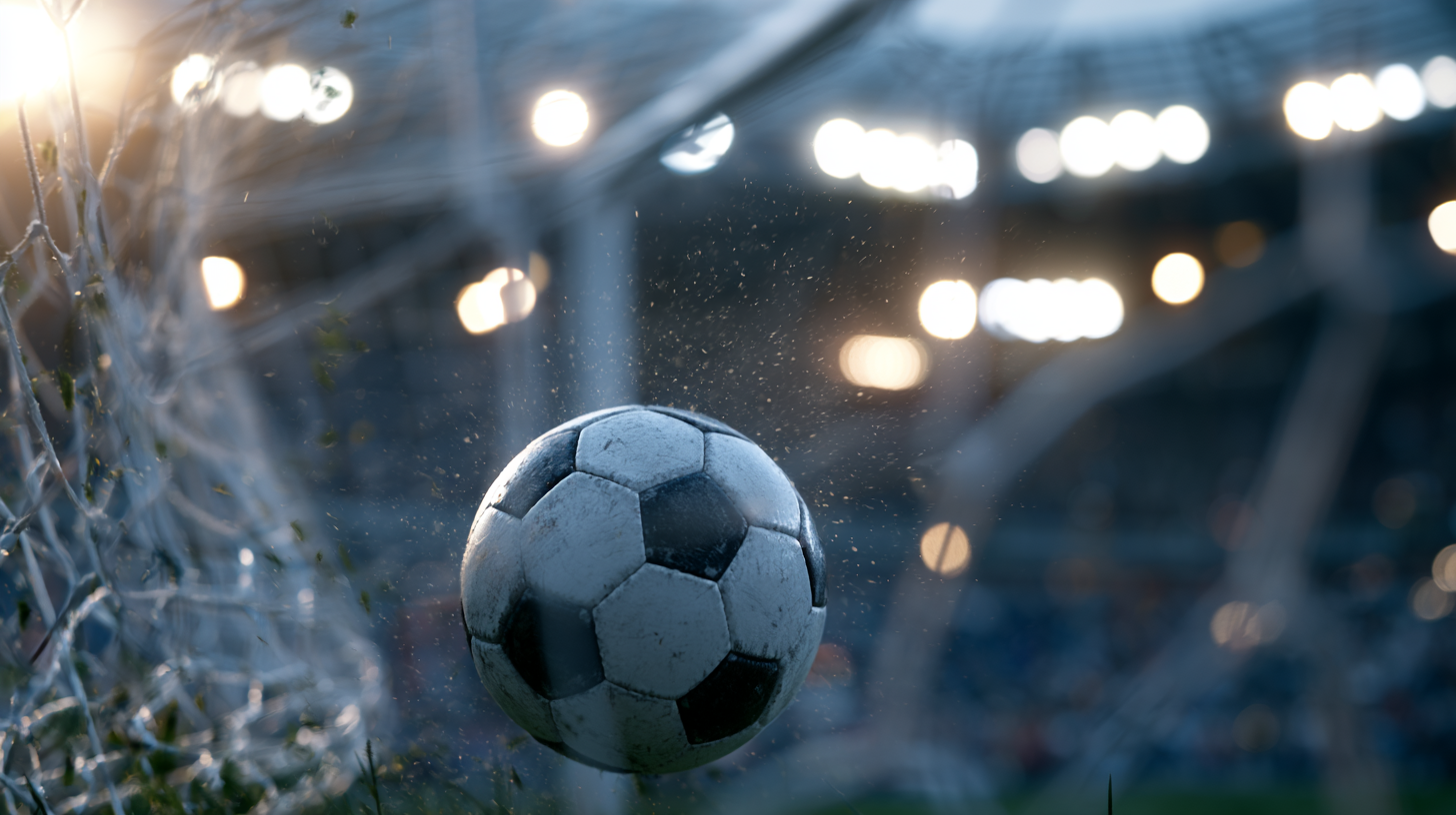 Fotboll som träffar nätet i mål under strålkastarljus på en arena.