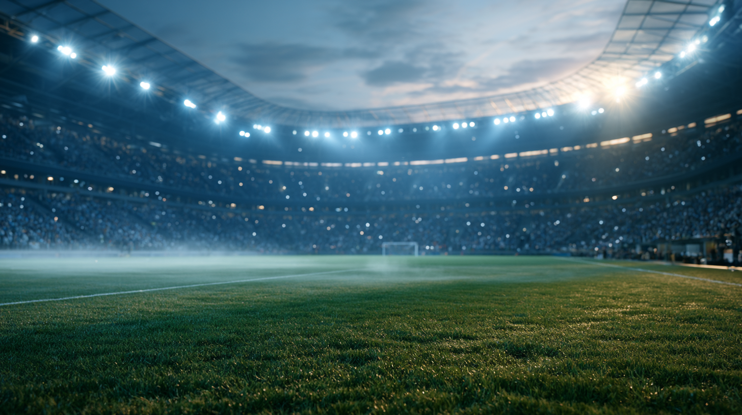 Fotografi av en fotbollsarena med tända strålkastare och grön gräsmatta.
