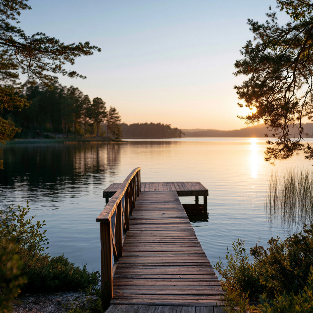 Träbrygga som sträcker sig ut i en lugn svensk sjö i solnedgång.