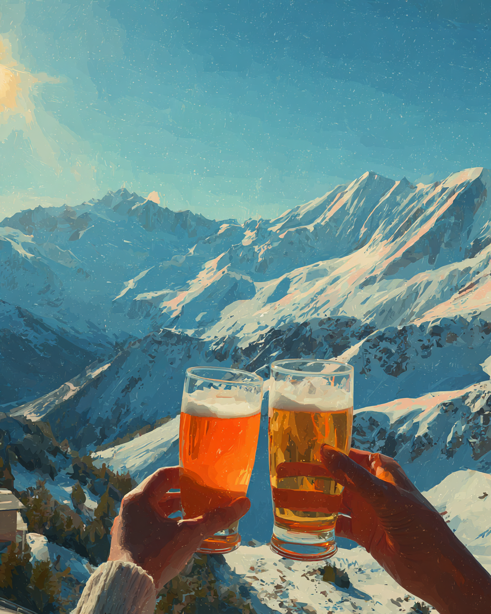 Målad poster där två ölglas skålar framför snöklädda alptoppar.