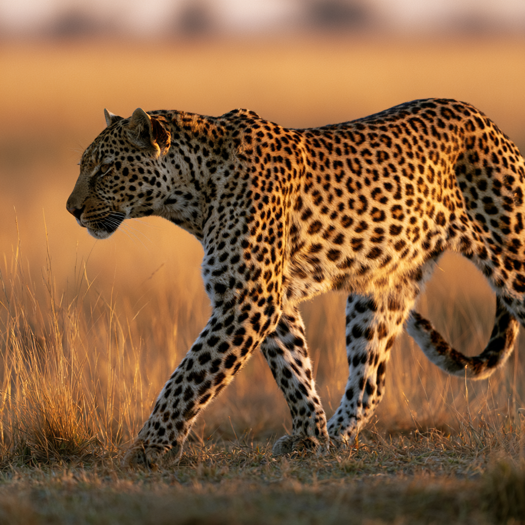 Leopard i helprofil som går över savannen i varmt gyllene kvällsljus.