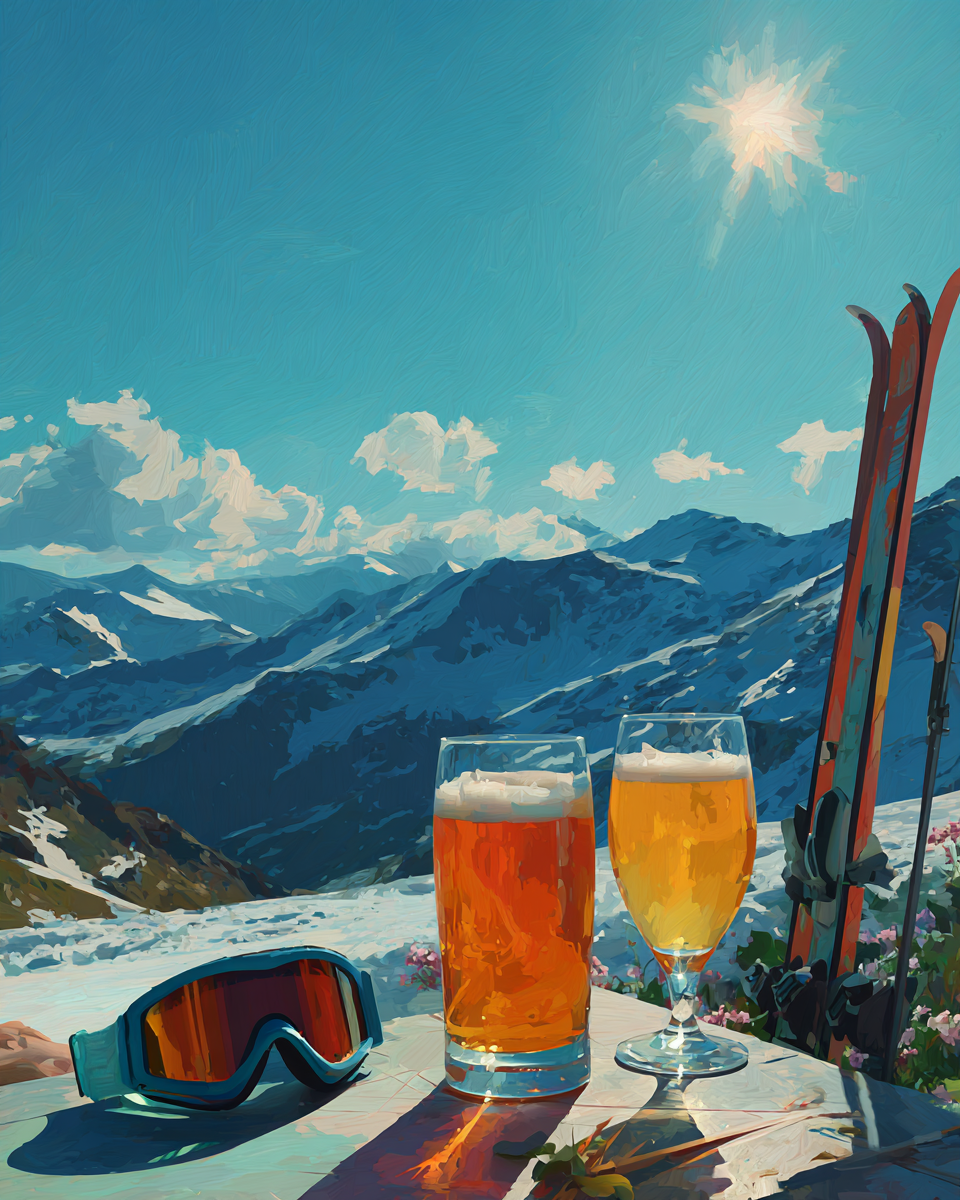 Målad poster med två öl på ett bord i solen med skidor och alperna i bakgrunden.