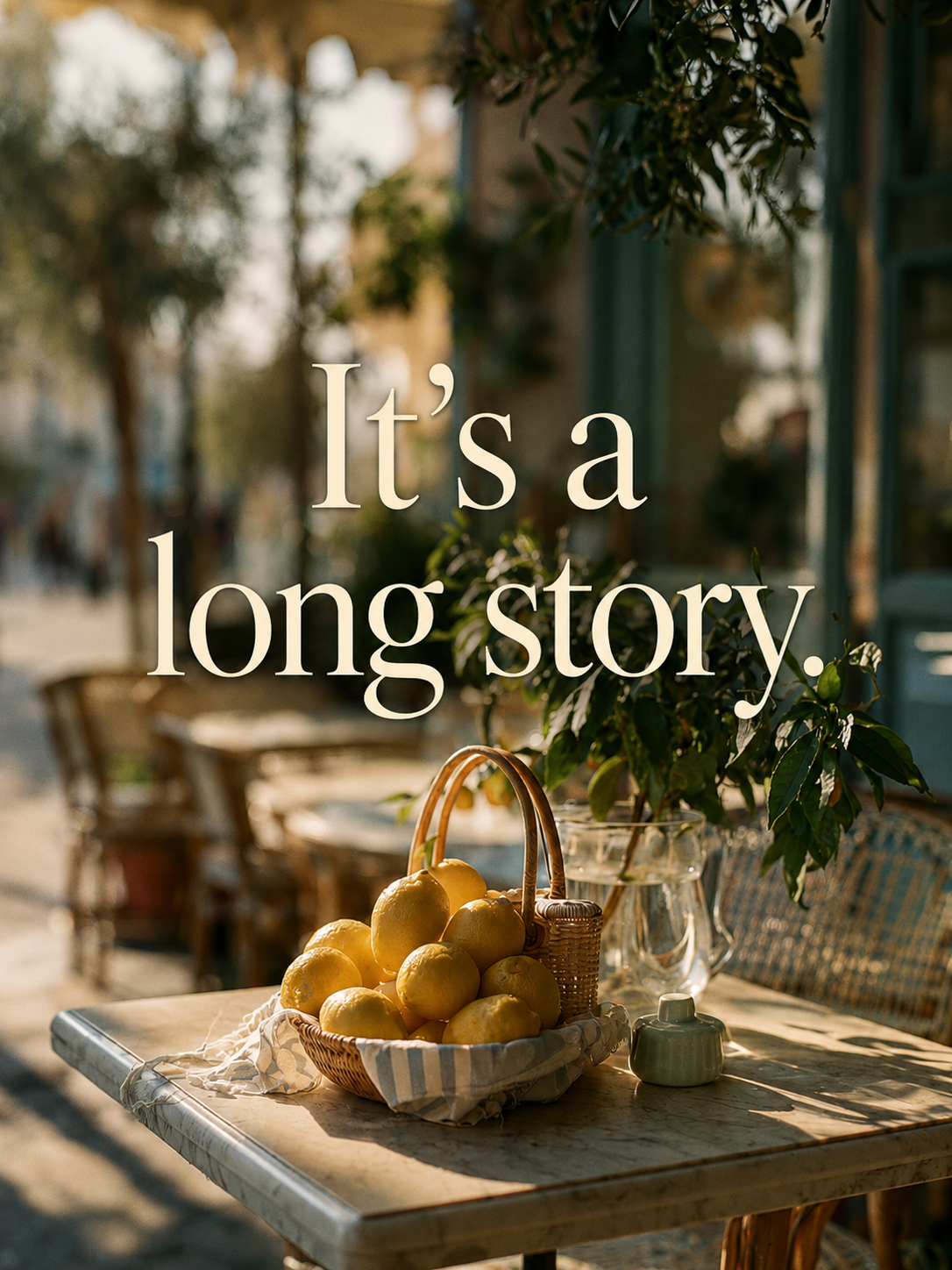 Solig medelhavsposter med citroner på marmorbord utanför café och stor elegant text som säger It's a long story.