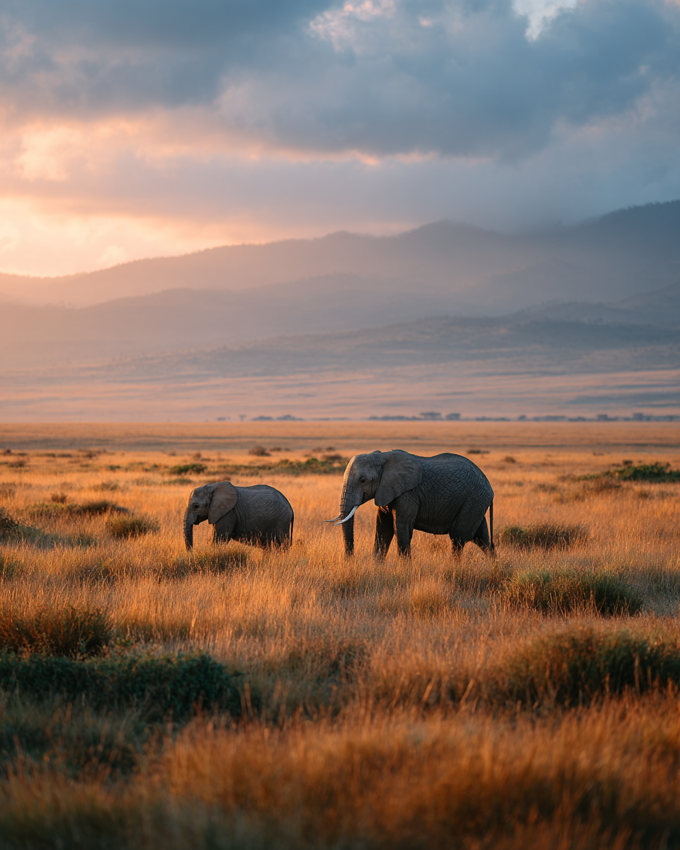 En vuxen elefant och en unge går genom gyllene savann under dramatisk himmel.