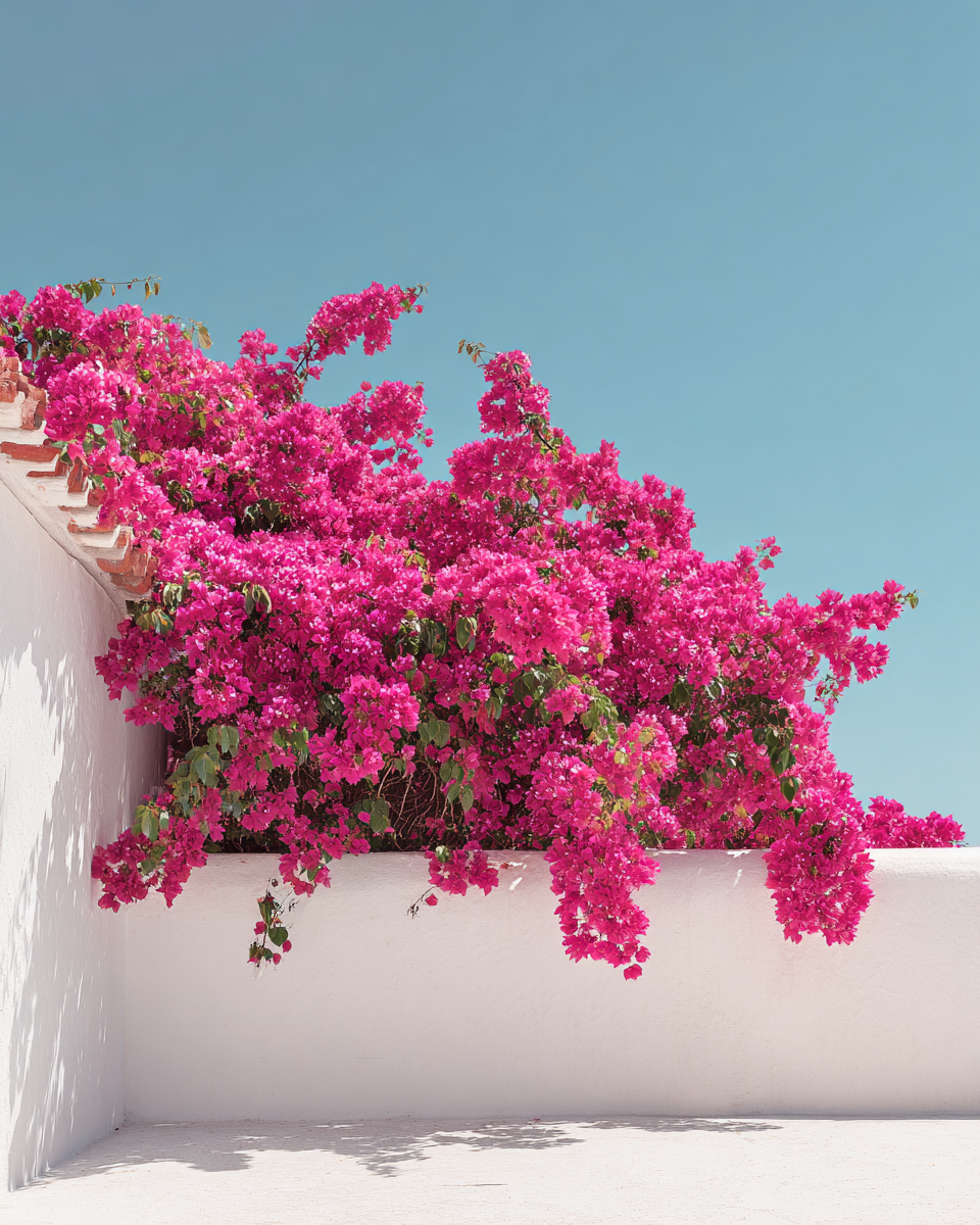 Rosa bougainvillea faller över vit mur under klar blå himmel.