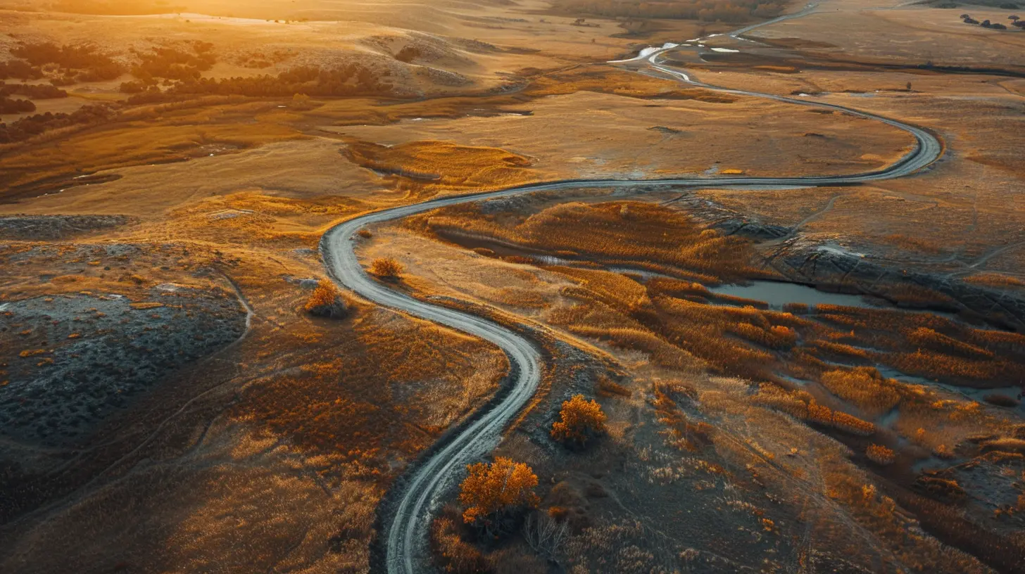 Flygfoto av två slingrande grusvägar genom ett gyllene landskap i solnedgång.