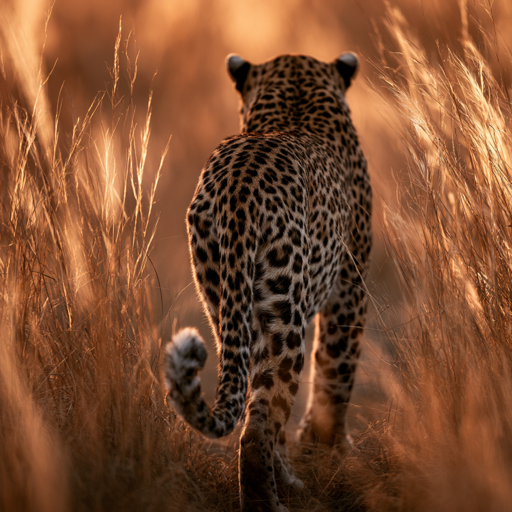 Leopard som går bort genom högt gyllene gräs i motljus.