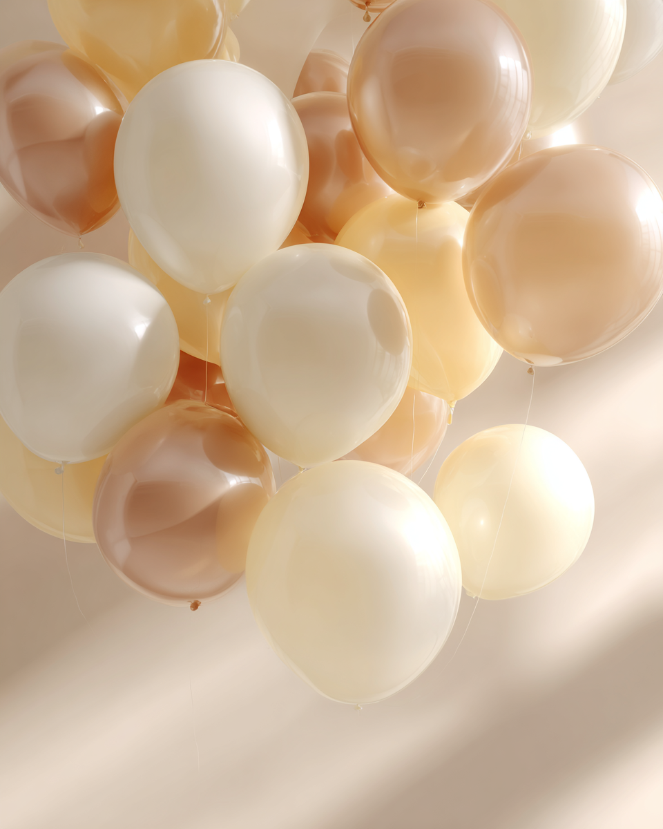 Mjuka champagnefärgade ballonger i varmt, drömskt ljus mot en krämig bakgrund.