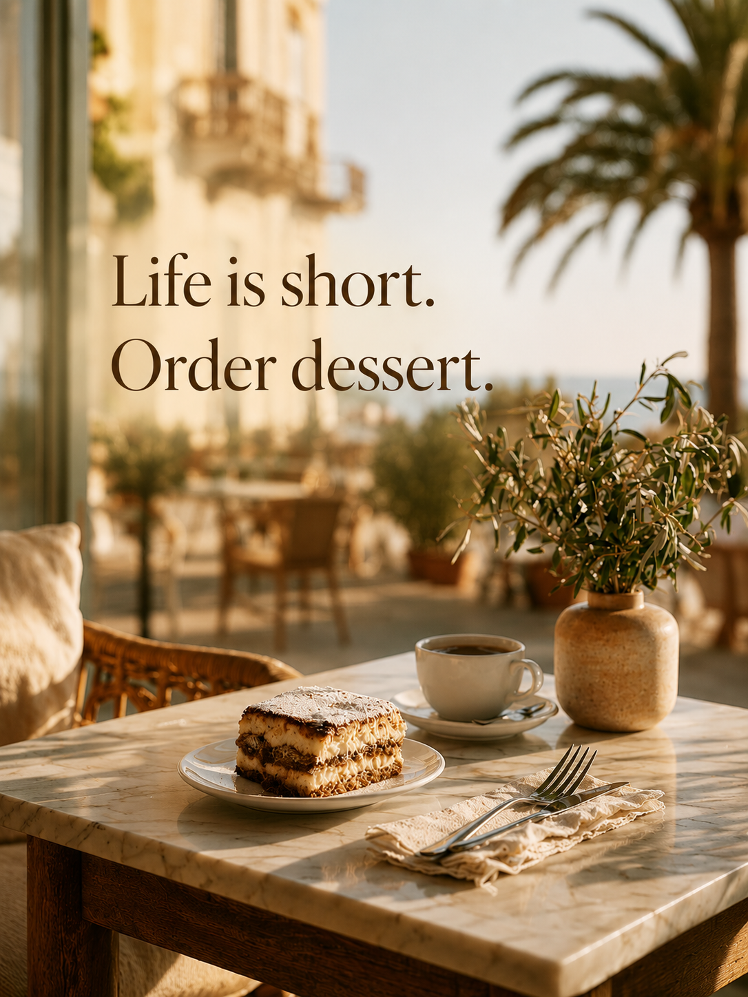 Solvarm poster med dessert på marmorbord vid medelhavsterrass och texten Life is short. Order dessert.
