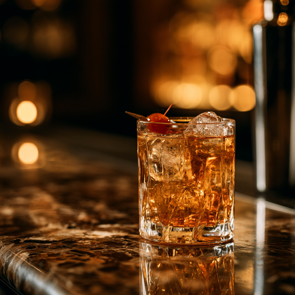 Gyllene cocktail med is och cocktailbär på en polerad marmorbar i varm barbelysning.