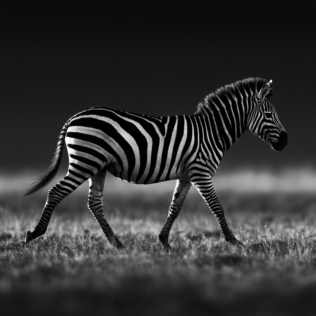 Svartvitt konstfoto av en zebra som går över savannen mot mörk bakgrund.