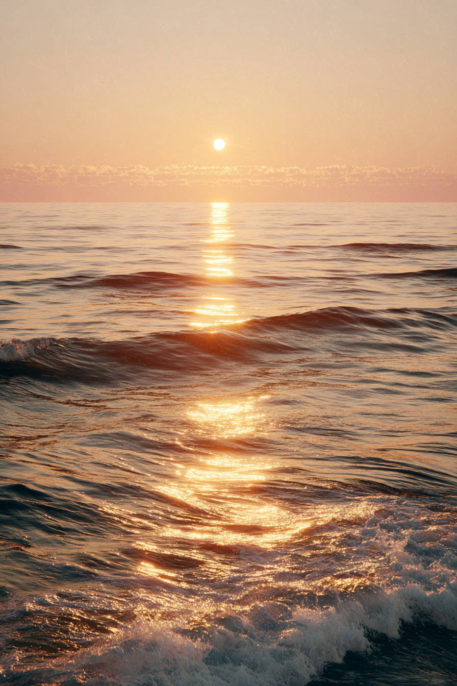 Fotografisk poster med solen som speglar sig i vågorna vid soluppgång över havet.